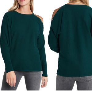 Vince Camuto Deep Evergreen Cold Shoulder Studded Sweater